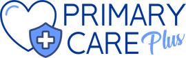 A logo for primary care plus with a heart and shield